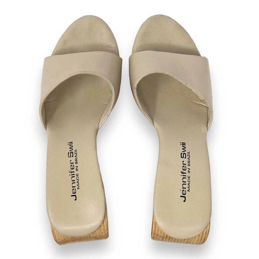 Anthropologie Jennifer Swii Cream Leather Platform Wooden Curved Heel Sandals 7 - Picture 6 of 11